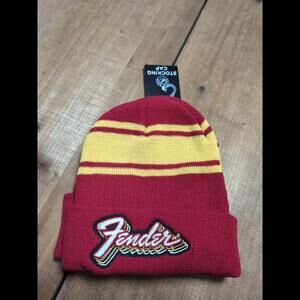 FENDER Logo Tobagon Beanie Fall Winter Stocking Hat Red Yellow Guitar Retro Mens